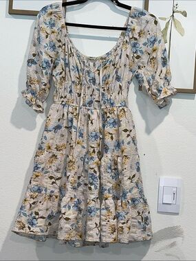 Floral Puff Sleeve Mini Dress in Blue & Cream